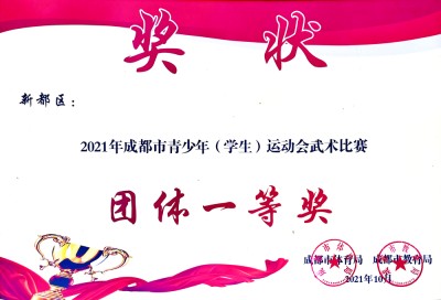代表新都區榮獲成都市青少年運動會武術比賽團體一等獎